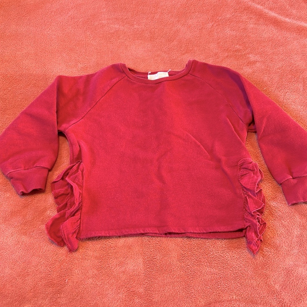 Zara Girls 7/8 red sweatshirt with side split embellished with ruffles.